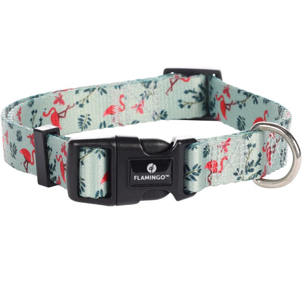 Flamingo Collar Samar Light - colorful adjustable dog collar, flamingo and leaf pattern, light green