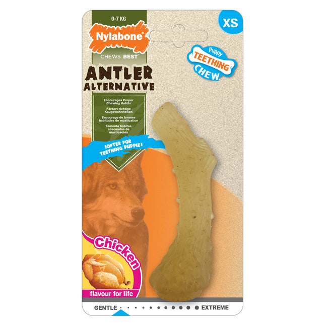 Nylabone Puppy Antler Chicken - safe chew toy for puppies, shaped like an antler