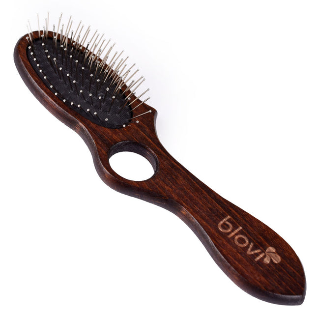 Blovi Wood Pin Brush - small wooden brush with a finger hole and a metal pin tipped with a ball.