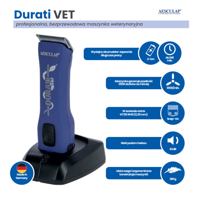 Aesculap Durati Horse - professional cordless horse clippers with blade #10W (2.4 mm), blue