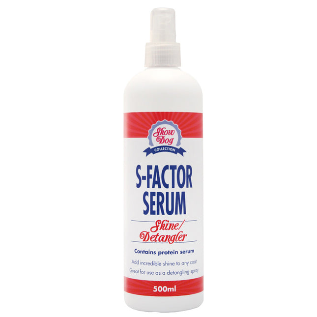 Show Dog S Factor Serum Shine/Detangler - a product with shine-enhancing and detangling properties, featuring silk proteins.