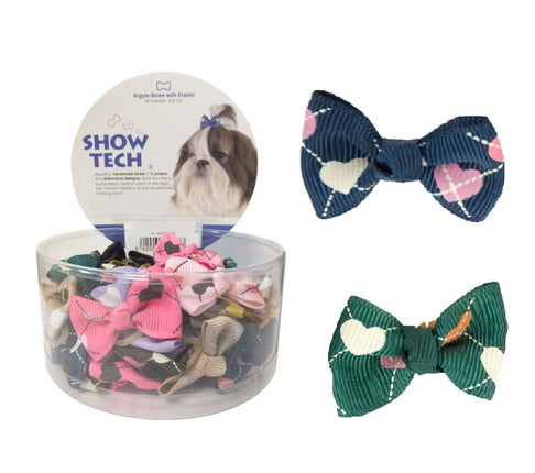 Show Tech Argyle Bows 50pcs - stylish, colorful bows on elastic bands for dogs