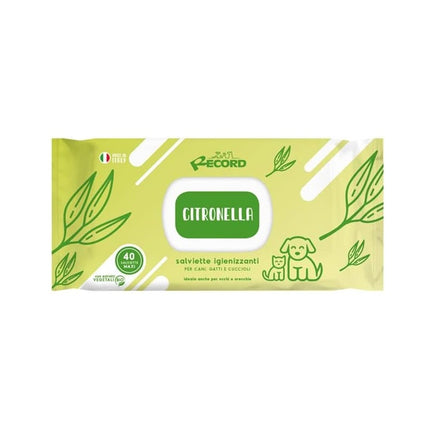 Record Citronella Wipes 40 pcs - universal wipes for cleaning the fur, eyes, and ears of dogs and cats, with a lemon grass scent