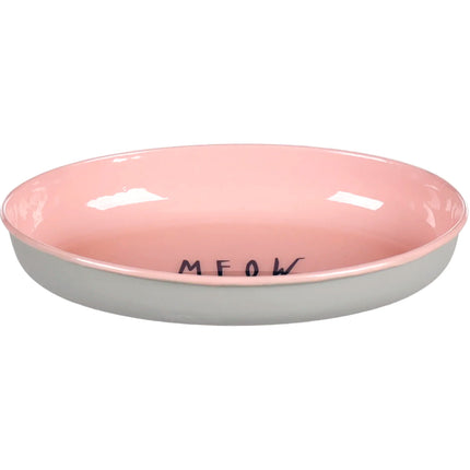 Flamingo Nell Oval Light Grey & Bowl - steel bowl for cats, oval, with the inscription MEOW