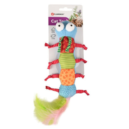 Flamingo Cat Yowly Caterpillar - long toy for cats, plush caterpillar with feathers and catnip