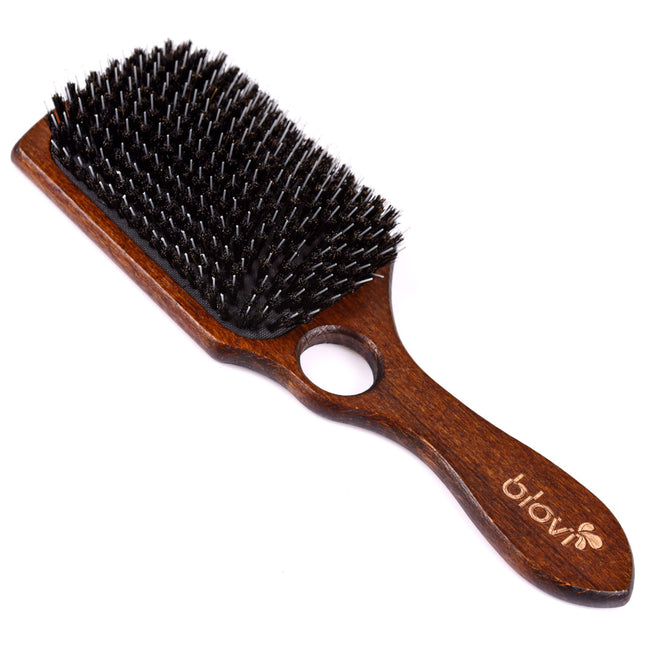 Blovi Wood Brush - extra large wooden brush with natural bristles, detangler, and finger hole, for long-haired breeds