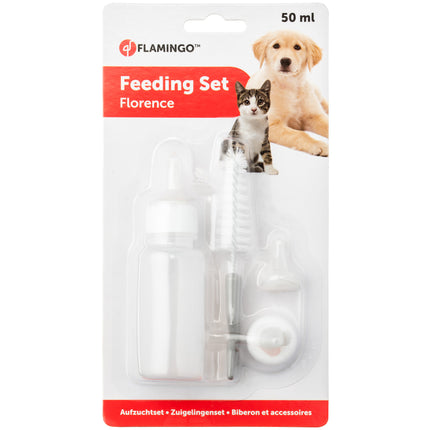 Flamingo Florence Feeding Set - bottle for feeding kittens and puppies, with 3 nipples and a brush