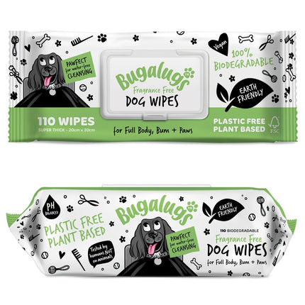 Bugalugs Fragrance-Free Dog Wipes 110 pcs - unscented moisturizing wipes for dogs, biodegradable