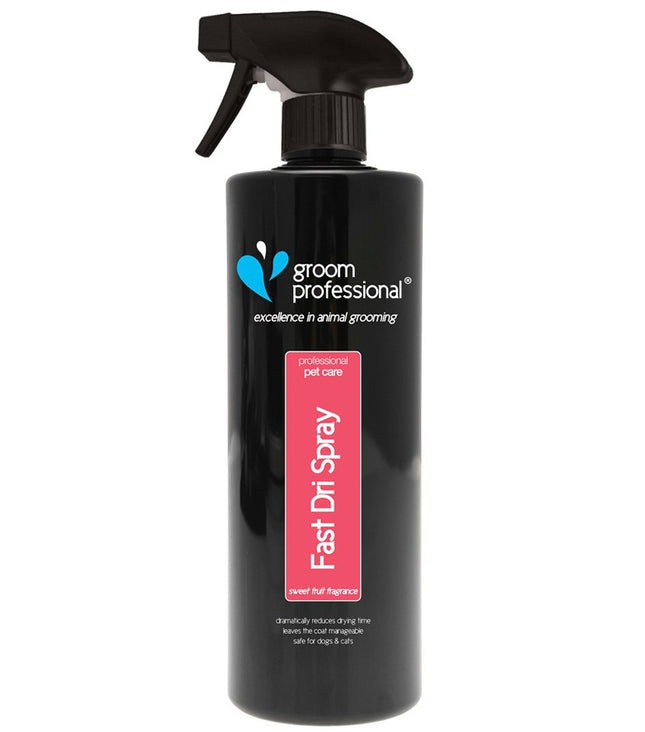 Groom Professional Fast Dri Spray - a formula that reduces drying time by 50%, with a sweet fruit scent.