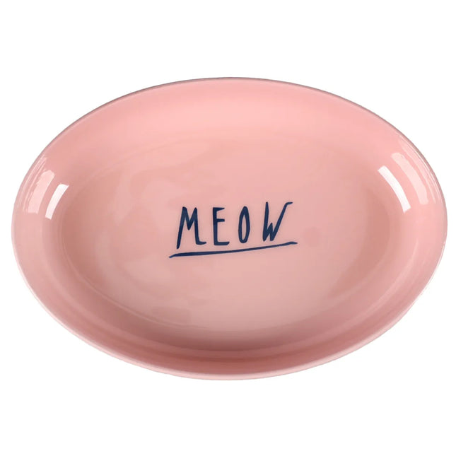 Flamingo Nell Oval Light Grey & Bowl - steel bowl for cats, oval, with the inscription MEOW