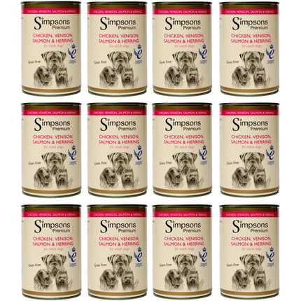 Simpsons Premium Chicken, Venison, & Herring - wet dog food with chicken, venison, salmon, herring, and vegetables, grain-free - 12x 400g