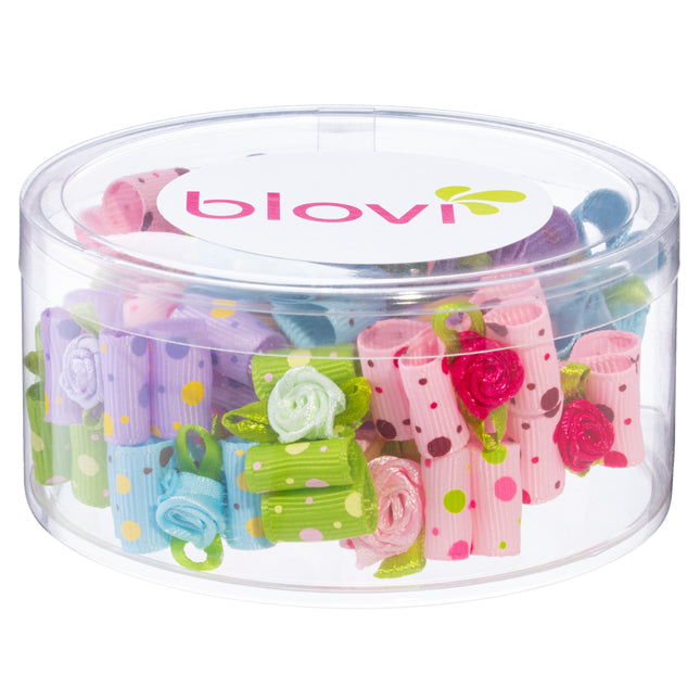 Blovi Bows Dots 25 pcs - elegant bows in colorful polka dots with a rose, on an elastic band, for dogs