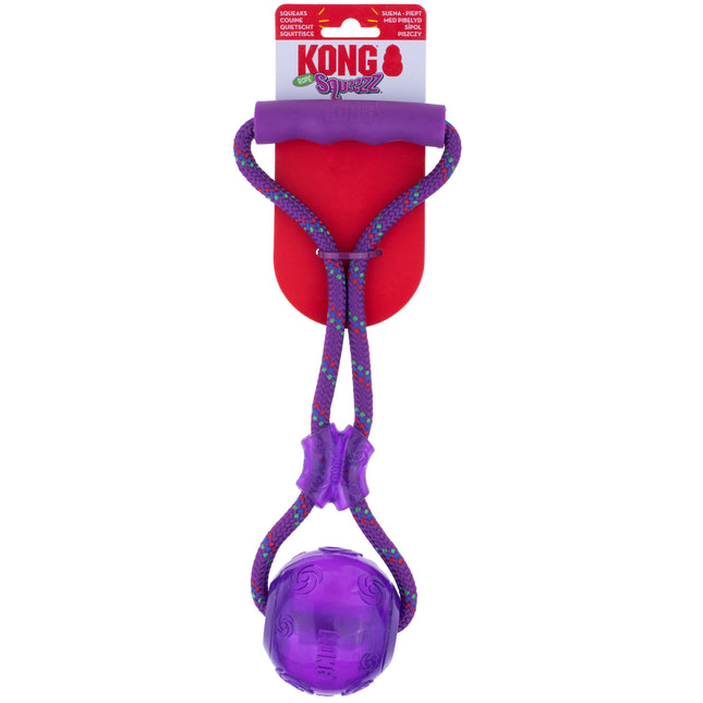 KONG Squeezz Ball with Rope - always squeaking ball on a string for dogs, tug toy with handle