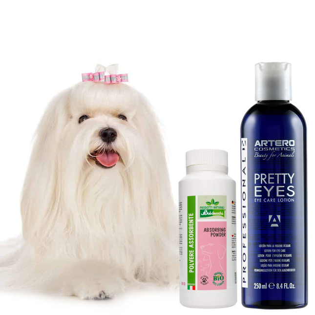 Artero Pretty Eyes + Baldecchi Absorbing Powder 90g - set for combating discoloration, for dogs