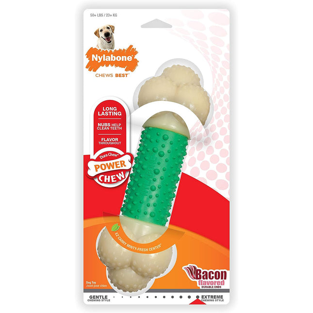 Nylabone Extreme Double Action Bacon - textured chew toy for dogs, flavored with bacon and mint