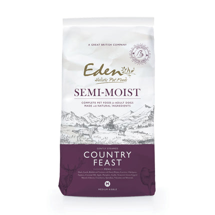 Eden Country Feast - semi-moist dog food with duck, lamb, rabbit, and game.