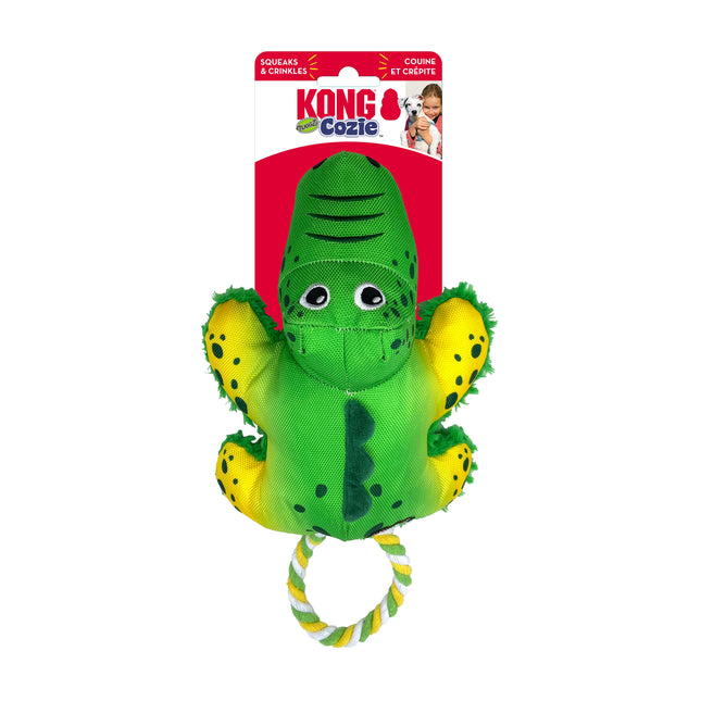 KONG Cozie Tuggz Alligator - plush crocodile with rope, squeaky toy for dogs