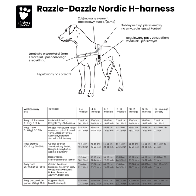 Hurtta Razzle - Dazzle H - Harness Beetroot - Norwegian harness for puppies and adult dogs - 45 - 55cm