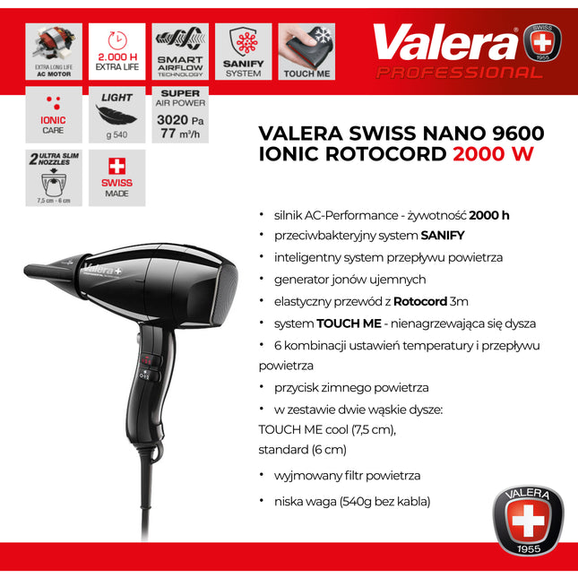 Valera Swiss Nano 9600 Ionic Rotocord - professional handheld hair dryer with a rotating cord, black