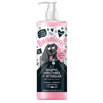 Bugalugs 3in1 Shampoo Conditioner & Detangler - shampoo, conditioner, and detangler for dogs, with a raspberry and lemon scent