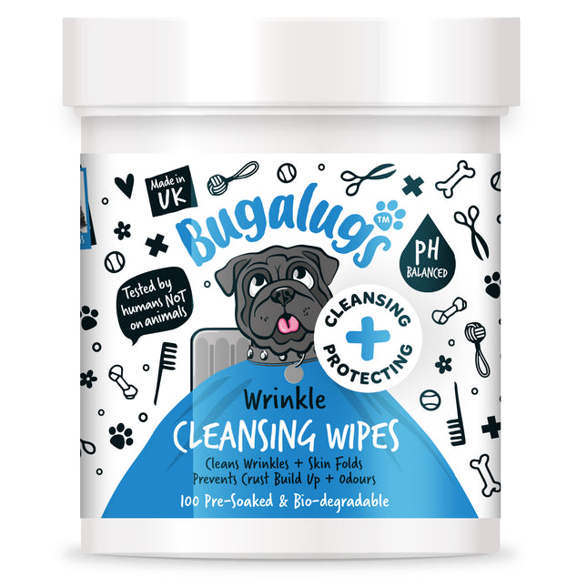 Bugalugs Wrinkle Cleansing Wipes 100 pcs - biodegradable wipes for dog and cat skin folds