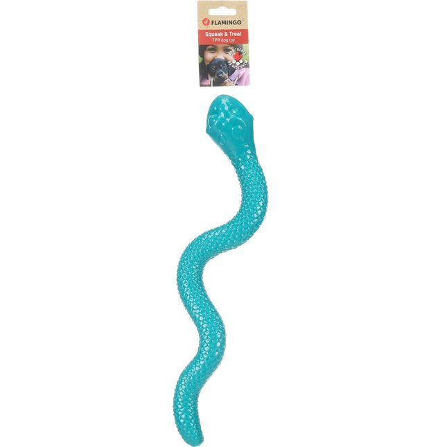 Flamingo Sneaky Snake Dog Toy - rubber snake for dog treats, with squeaker - turquoise