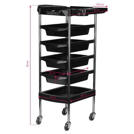 Gabbiano FX7 - grooming cart, 4 trays, lower shelf, 2 side handles, black