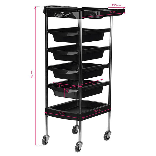 Gabbiano FX7 - grooming cart, 4 trays, lower shelf, 2 side handles, black