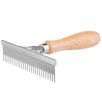 Miranda slicker brush, cross comb with mixed tooth spacing, wooden handle