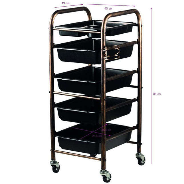 Gabbiano 8 - 76 - stylish grooming cart in antique gold color, 4 trays, tray, hairdryer holder