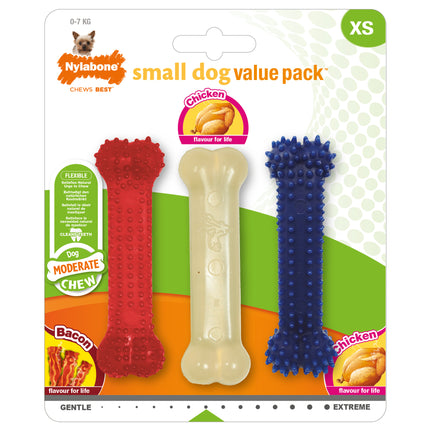 Nylabone Moderate Small Dog Value Pack - chew toy set for small dogs, flavored with bacon and chicken