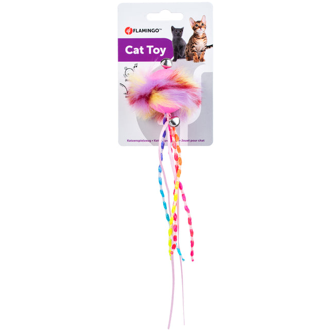 Flamingo Cat Howi Ball Ribbons - rubber ball for cats, with fur, ribbons, and bells