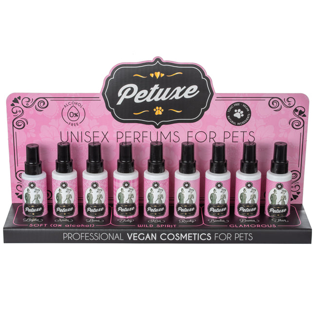 Petuxe Perfume Set - set of nine perfumes for dogs and cats, with a display stand