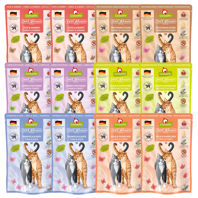 GranataPet DeliCatessen Pouch Food Set - Grain-Free Wet Cat Food, Mix of 6 Flavors, Set of 2