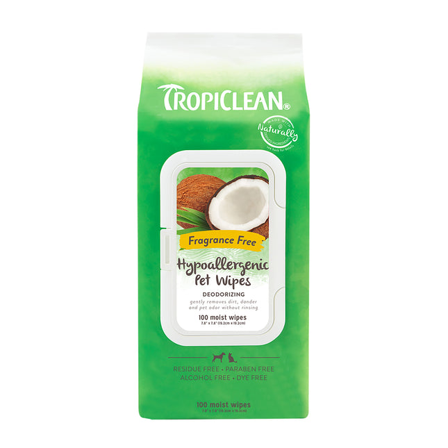 Tropiclean Hypoallergenic Wipes 100 pcs - hypoallergenic, coconut cleaning wipes for pet fur