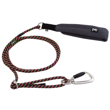 Hurtta Adjustable Rope Leash Eco Licorice - adjustable rope leash with a soft handle for dogs, featuring neon inserts.