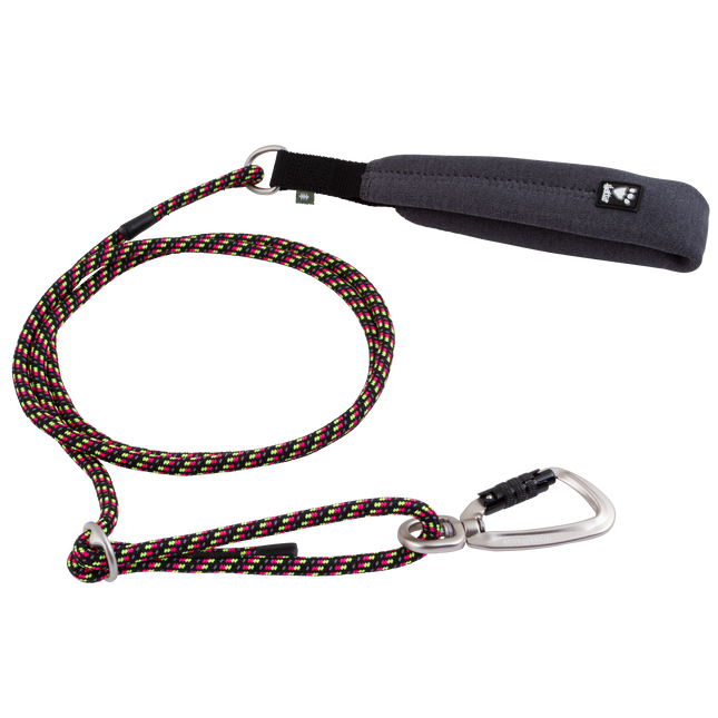 Hurtta Adjustable Rope Leash Eco Licorice - adjustable rope leash with a soft handle for dogs, featuring neon inserts.