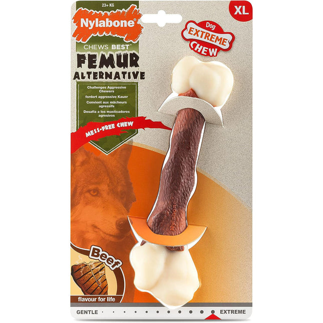 Nylabone Extreme Femur Beef - chew toy shaped like a real bone for dogs, infused with beef flavor