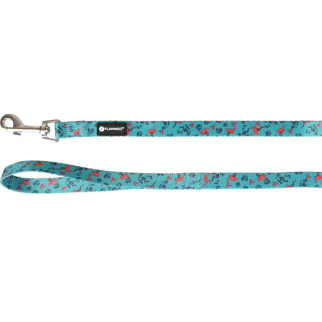 Flamingo Leash Samar Green - colorful dog leash, nylon, flamingo and leaf pattern, green-turquoise, 1.5x120cm