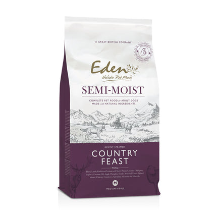 Eden Country Feast - semi-moist dog food with duck, lamb, rabbit, and game.