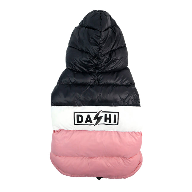 Dashi Stripes Pink & Black Anorak - quilted jacket for dogs, with a hood, pink - black