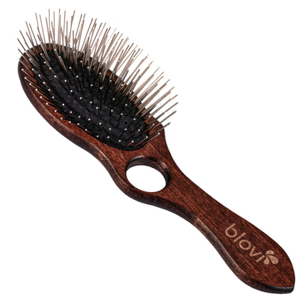 Blovi Wood Pin Brush - large, sturdy wooden brush with a long metal pin and a finger hole