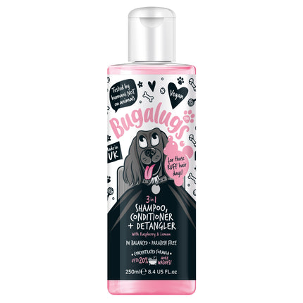 Bugalugs 3in1 Shampoo Conditioner & Detangler - shampoo, conditioner, and detangler for dogs, with a raspberry and lemon scent