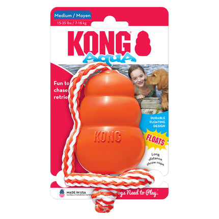 KONG Aqua - rubber, floating dog toy with rope, orange