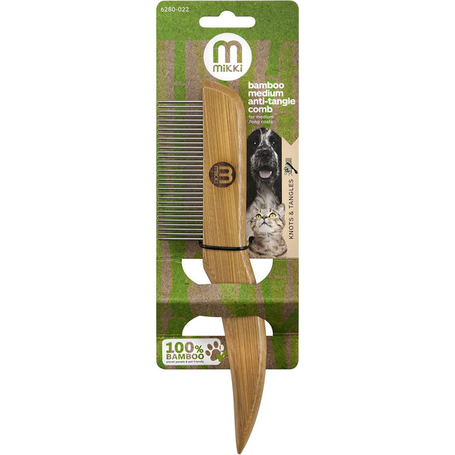 Mikki Bamboo Anti-Tangle Comb - bamboo comb with medium tooth spacing, rotating pins