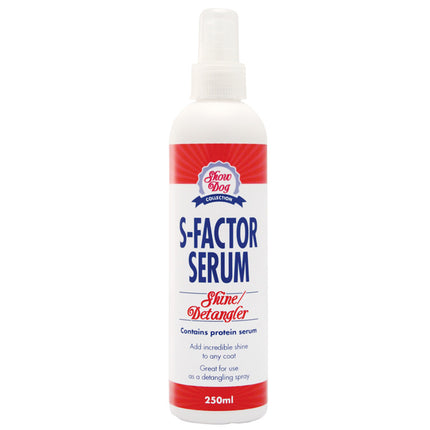 Show Dog S Factor Serum Shine/Detangler - a product with shine-enhancing and detangling properties, featuring silk proteins.