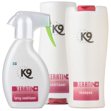 K9 Keratin+ Moisturizing Set - keratin-infused grooming set for moisturizing and revitalizing the coat of dogs and cats.