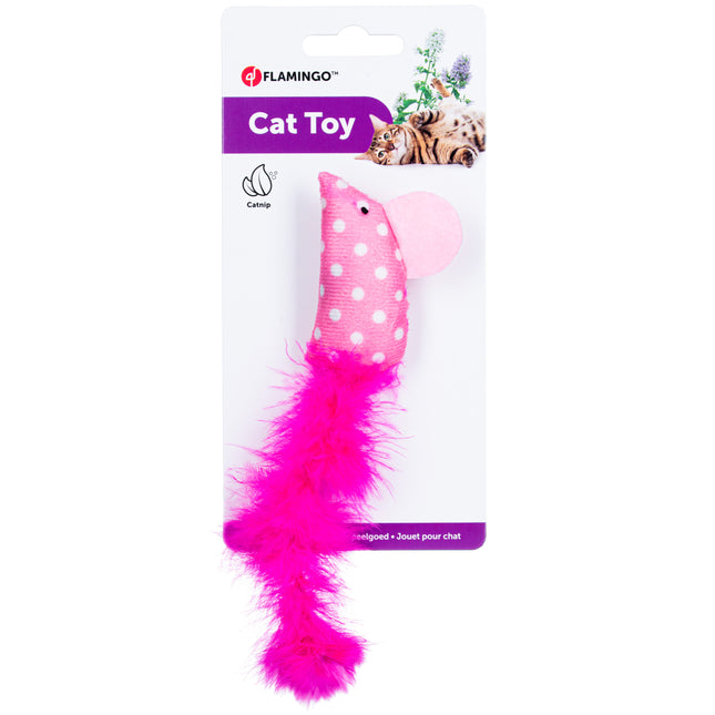 Flamingo Cat Polka Mouse - toy for cats with feathers, polka dot mouse with catnip