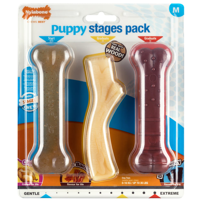 Nylabone Puppy Chew Stages Pack - safe chew toys for puppies, various hardness levels and flavors