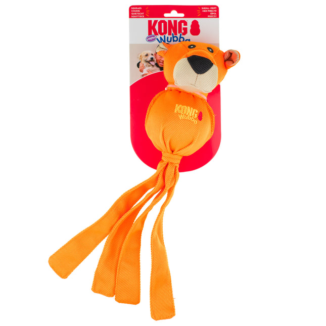 KONG Wubba Friends Ballistic Tiger - tug toy for dogs with tails, a ball inside, and a squeaker.